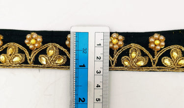 Black Silk Fabric Lace Trim Floral Embroidery & Indian Stones Kundan Embellishment, Decorative Sari Trim, Floral Border Trim By Yard